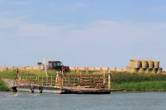 Tractor and large round hay bales on Île du Moine