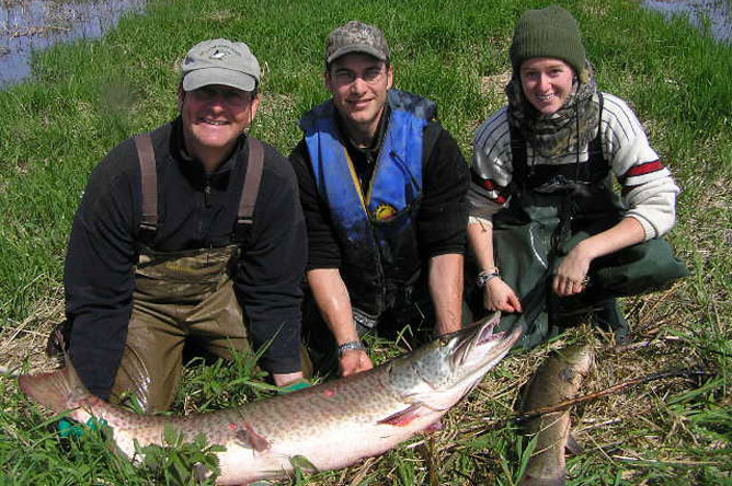 Une femme et deux hommes montrant un maskinongé.