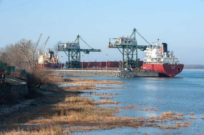 Ship moored at the Rio Tinto Fer et Titane wharf on the St. Lawrence.