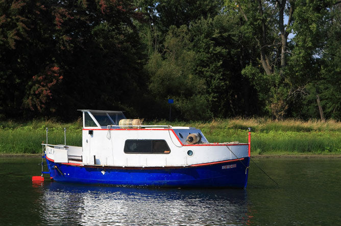 Blue, white and red pleasure craft moored in a channel.