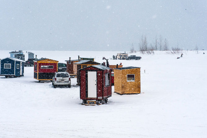 Fishing cabins on the ice of Chenal du Moine