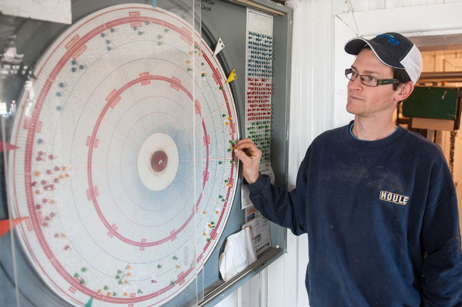 Young farmer presents a breeding wheel that indicates insemination dates.