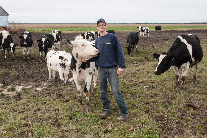 Young farmer with several black and white cows in a field