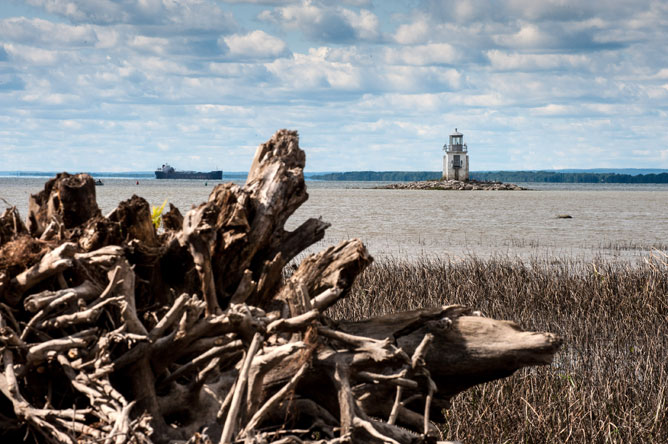 Driftwood on the shore, lighthouse and commercial ship on the St. Lawrence River