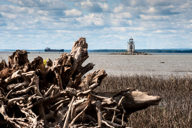  Bois de grève sur la berge, phare et navire commercial sur le fleuve Saint-Laurent