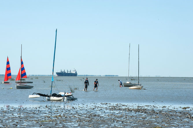 Plusieurs voiliers, dont deux aux voiles rayées rouges et bleues, et un navire commercial sur le lac Saint-Pierre