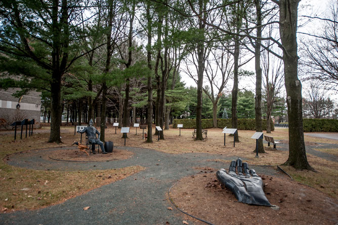 Metal sculptures in the L'arbre de mots literary park in Nicolet